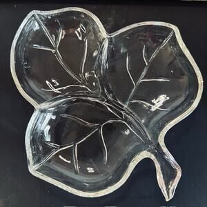 Hazel Atlas Glass Leaf Candy/Relish/Nut Clear Serving Dish 3 Sections Decor VTG